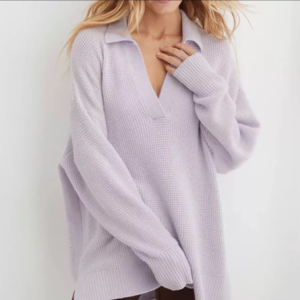 aerie cozyup waffle polo sweater
